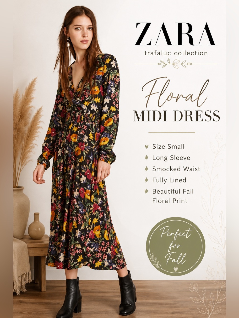 Zara Trafaluc Floral Midi Dress Size S Long Sleeve Fall Boho Cottagecore